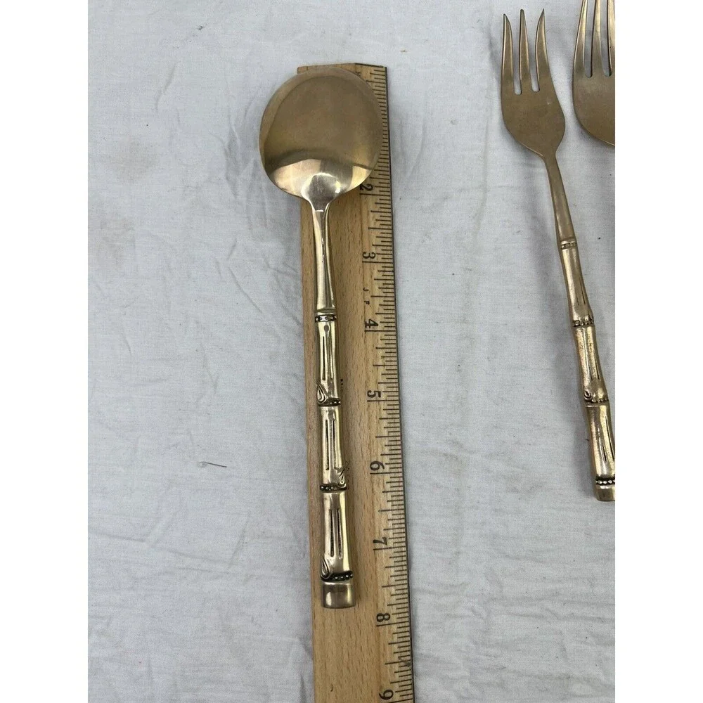 Vtg MCM Nickel Bronze Faux Bamboo Flatware 5 PCs Set Server 1 Retro‎ Decor